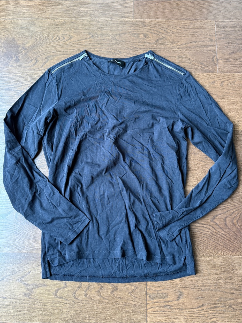 The Kooples Black Long-Sleeve Crewneck Shirt with Shoulder Zippers
